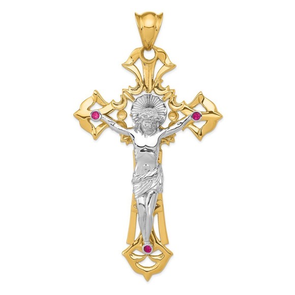Million Charms 14k Gold Two-tone Polished with Red CZs Crucifix Pendant - Picture 1 of 4